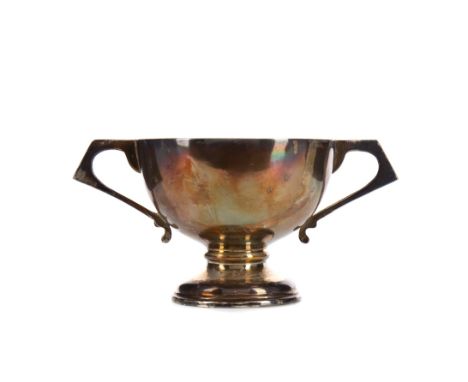 GEORGE V SILVER TROPHY CUP, maker's mark rubbed, London 1913, the pedestal bowl with twin angular handles, 8cm high, 137g