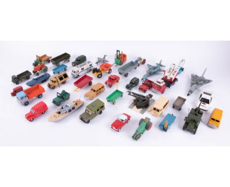 A collection of various loose diecast models, Dinky Toys Bedford Van, military, Dinky Moto cart and Forklift, Corgi 007 Espri