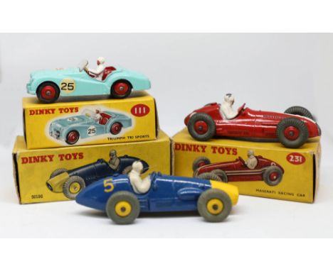 Dinky Toys, three models, Triumph TR2, 111 boxed, Maserati racing car, 231 boxed, Ferrari racing car 23H boxed (3).