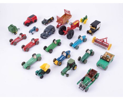 A collection of various loose diecast including Dinky Toys Racing Cars, Farm Trailer, Tractor etc (approximately 14).