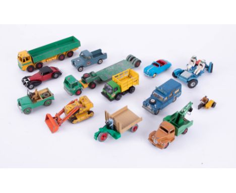 A collection of various Dinky and other loose diecast models including Commer pick-up, Moto cart, Leyland Octopus flatbed lor