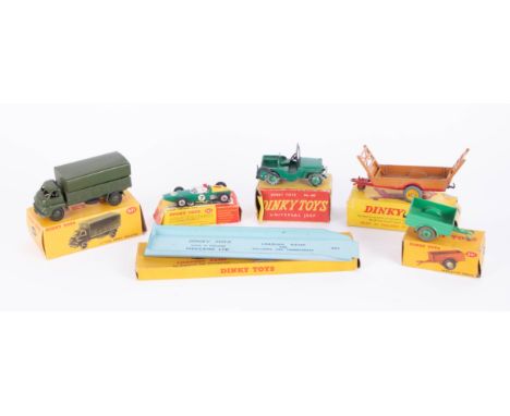 Dinky Toys, Army Wagon 621, Land Rover Trailer 341, Jeep 405, Racing Car 243, Harvest Trailer 320, Loading Ramp 994, boxed (6