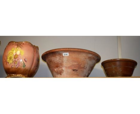 Kitchenalia - a large salt glazed bread bowl; another, smaller strainer; a Bishop &amp; Stonier planter (3)