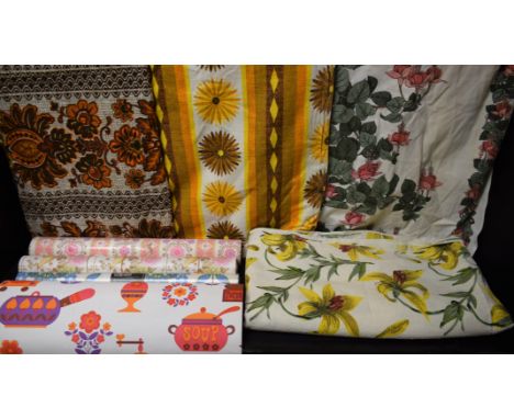 Interior Design - a pair of 1970's retro curtains decorated with flowers and geometric shapes in tones of yellow, orange and 