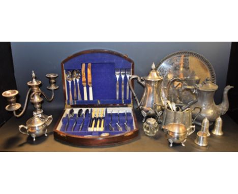 An EPNS Viners tea service on tray; candelabrum; part canteen; Victorian EPBM and pewter; qty