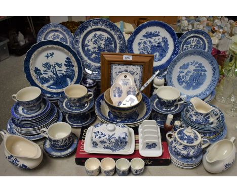 A Staffordshire blue and white transfer printed Willow pattern dinner and tea service; other blue and white ceramics, Royal C