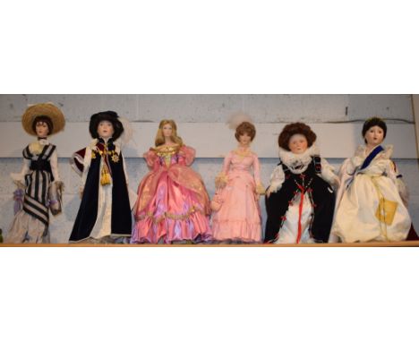 A Franklin Heirloom porcelain doll modelled as Queen Elizabeth II; others, Queen Elizabeth I, Queen Victoria, etc (6)