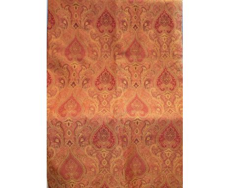 Textiles - a pair of damask curtains, the russet ground with stylised flower heads and scrolling foliage in tones of gold and