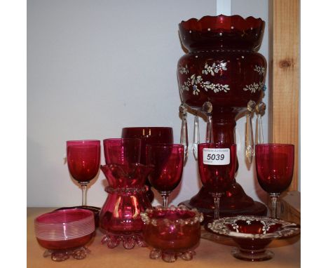 Glassware - a 19th century ruby glass lustre; five Victorian cranberry glass wine glasses; other, a fancy jug, bowls,  etc 