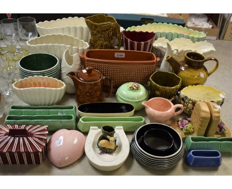 Ceramics - a Sylvac two tone shell shaped planter; others including garden wall bookends, animal vases, tableware, Falcon War