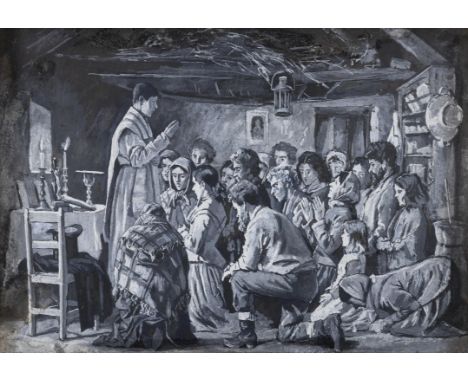 Aloysius O'Kelly RHA (1853-1936)'Mass in a Connemara Cabin'Monochrome watercolour and bodycolour, 19.5 x 27.5cm (7¾ x 10¾")Si