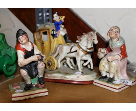 Victorian ceramic stagecoach and horses and earthenware figurines The Cobbler and Cobblers Wife