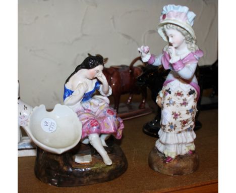 Antique Sitzendorf ceramic pocket watch stand with figural maiden