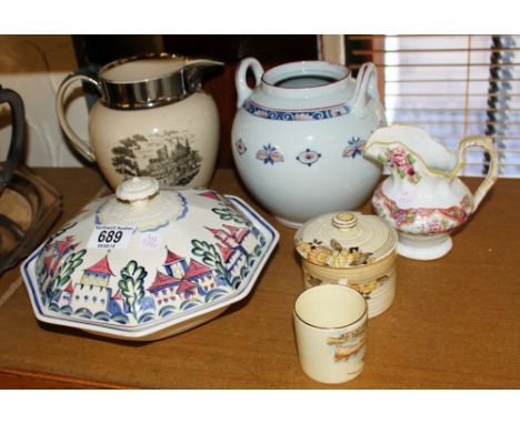 Six ceramic items including Crown Devon cup and Wedgwood twin handled vase