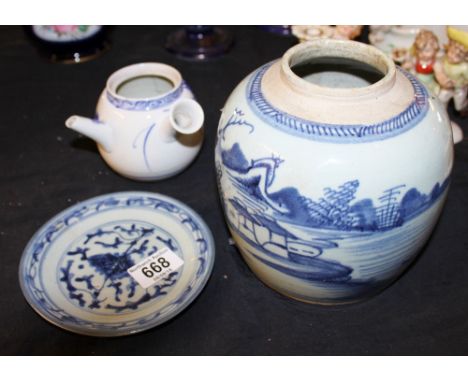 Two antique Chinese ginger jars, missing lids, unmarked and a side handled teapot and plate