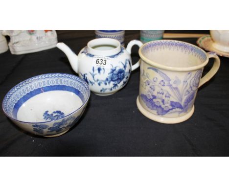 Dr Wall period Worcester teapot missing lid, crystal flowers, A.Shaw tankard, eighteenth century bowl A/F