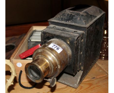 Magic lantern projector, box of social slides and kaleidoscope slides