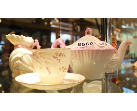 Belleek cup and saucer, first mark 1863 ~ 1890, and a teapot and milk jug, second mark 1891 ~ 1926