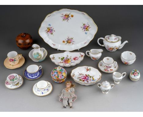 A group of miniature china tea wares, etc, including a Royal Crown Derby tea for one set on tray, a Shelley blush ivory cup a