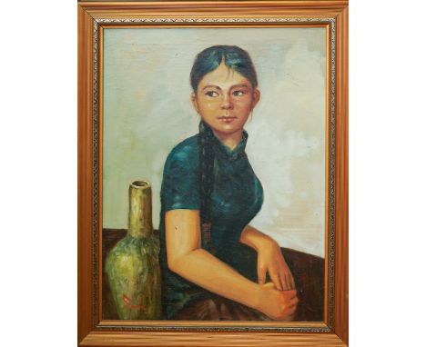 Three oil paintings to include a double sided -portrait of a girl and corning ware, one of two kittens playing and a further 