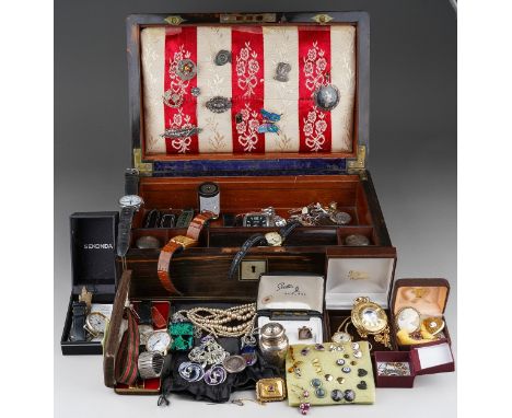 Coromandel box of costume, silver, gilt metal &amp; watches together with a set of silver teaspoons, silver pepper pot, silve