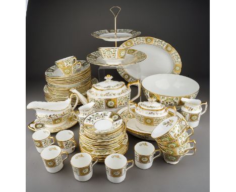 A Royal Crown Derby "Green Derby Panel" A 1237, six place dinner, tea and coffee service to include: six dinner plates, six l