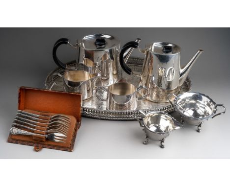 Assorted silver plate, EPNS including Walker &amp; Hall four piece tea and coffee service; sugar bowl and milk jug; a set of 