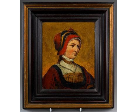 Oil on panel, initialled UK, continental portrait of lady pre Raphaelite style, in ebonised frame, approx. 24x28 cm