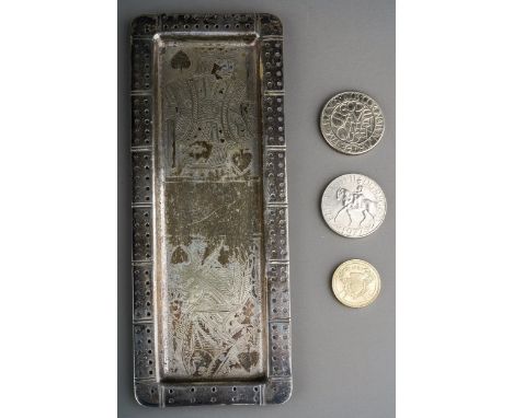A late Victorian white metal probably silver (untested and apparently unmarked) Cribbage rectangular board, engraved with the