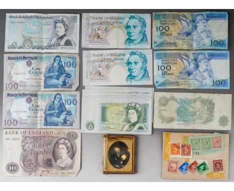 Bank notes to include English £5 ones, 100 euros note and Portuguese notes together with few stamps and a portrait of a gentl