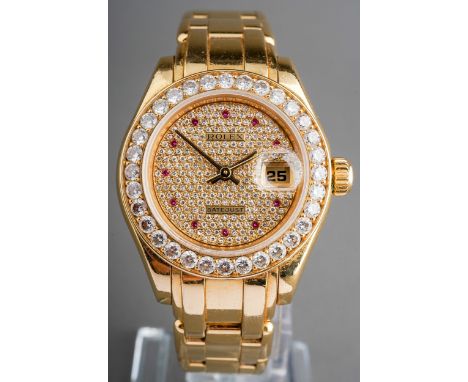 Rolex - a ladies 18ct gold and diamond-set Pearl Master Date-Just wristwatch, pave-set diamond dial with ruby hour markers, d