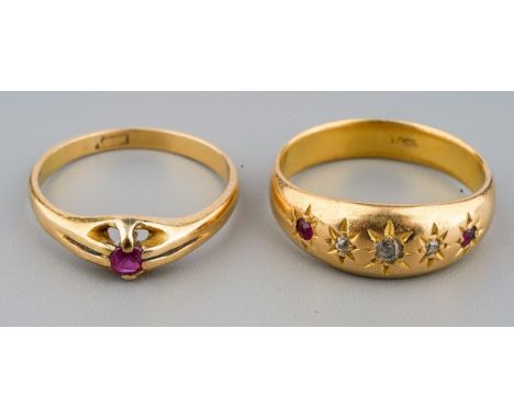 An 18ct yellow gold diamond and ruby five-stone ring, size O, gross weight approx 5.5g; together with an 18ct gold and ruby s
