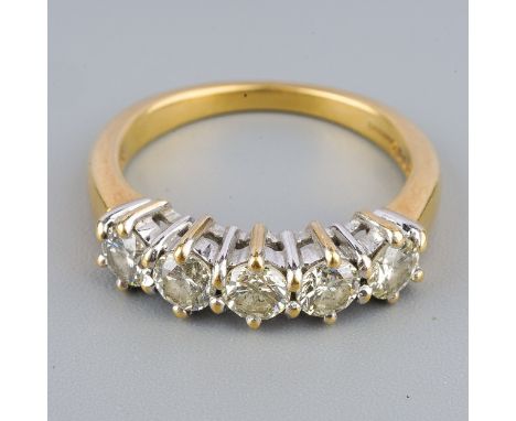An 18ct gold diamond five stone ring, set with round brilliant cut diamonds, estimated/ stated diamond weight 1.00ct, assesse