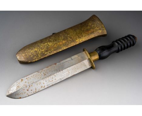 A Siebe Gorman diver's knife with turned handle, brass scabbard and leather belt strap