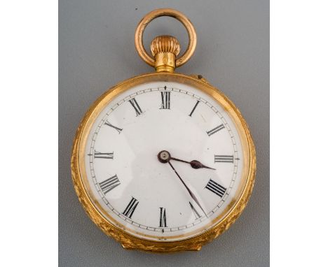 A ladies continental 18k yellow gold fob watch, circular white enamel dial with Roman numerals, case approx 33mm chased and e