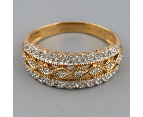 A 9ct yellow gold and diamond dress ring, size R, gross weight approx 3.6g, diamond weight stamped to shank 0.14