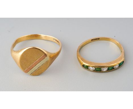 A 9ct gold paste and dyed chalcedony seven stone ring, together with a 9ct gold signet ring, the first set with colourless pa
