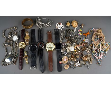 Group of costume jewellery including a small quantity of silver and quartz wrist watches, Victorian gilt bangle, ring measuri