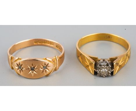 15ct gold ring set with 3 diamond chips ( 2.5g) and 18ct gold and diamond chip ring (2.9g )