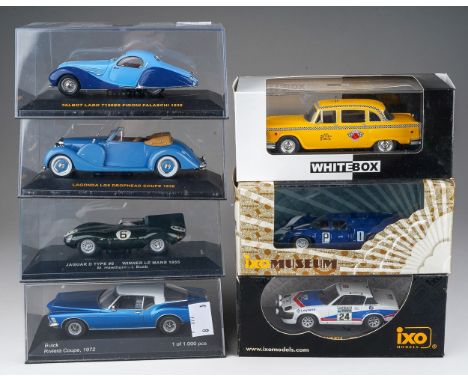 Seven die cast 1:43 boxed model cars to include: IXO - Jaguar D Type Le Mans 1955; Lagonda LG6 Drophead Coupe 1938; Talbot La