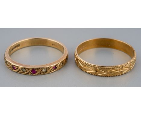 A 9ct yellow gold ruby and white sapphire half eternity ring, size O; and a 9ct yellow gold band, size P, total combined gros