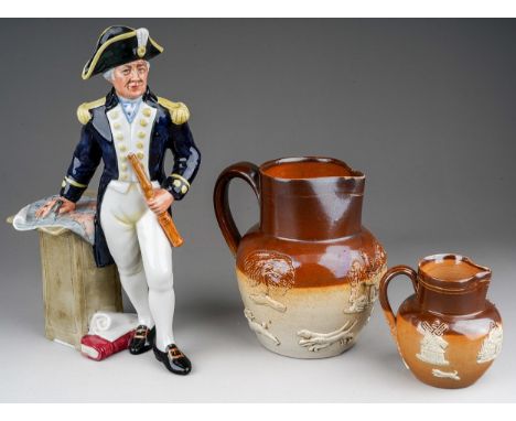 A Royal Doulton model "The Captain" HN2260 and two Victorian stoneware jugs applied with hunting scenes (3)