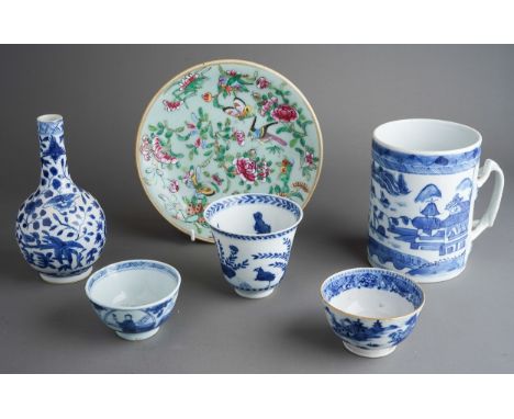 A group of six pieces of 18th, 19th and 20th century Chinese porcelain, comprising a cylindrical tankard with crossover strap
