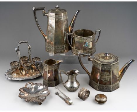 A late Victorian silver plate presentation tea and coffee service, the teapot with inscription dated 1895 together with a Wal