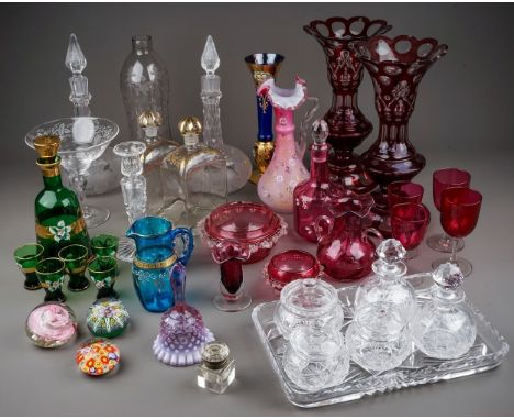 A pair of Bohemian glass ruby cut clear glass lustres, height 31cm, lacking droppers, s.d. A pair of Victorian onion shaped d