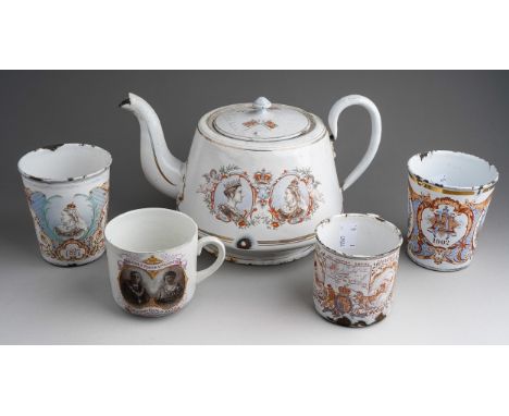 A collection of Royal Commemorative enamel to include: HM Queen Victoria Diamond jubilee teapot and cover (damaged) and taper