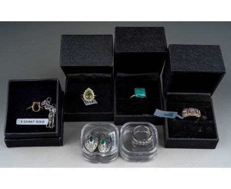 9 ct chain (0.8g), 9 ct ring mount ( 1.9g), white topaz gold overlay ring, white metal earings etc.  etc.