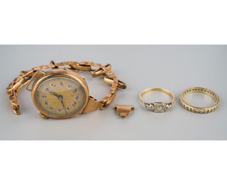 9ct gold ladies watch, 18 ct art deco ladies ring (1.4g) and 9 ct gold eternity ring (2g)