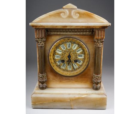 A French marble Doric Temple mantle clock, gilt metal dial with Roman numerals, gilt metal column supports