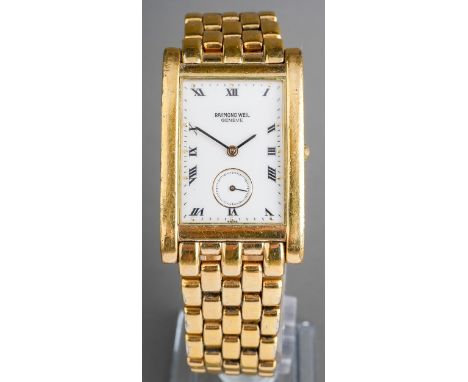 A gentleman Raymond Weil 18k gold-plated wristwatch, rectangular white enamel dial with Roman numerals and subsidiary seconds